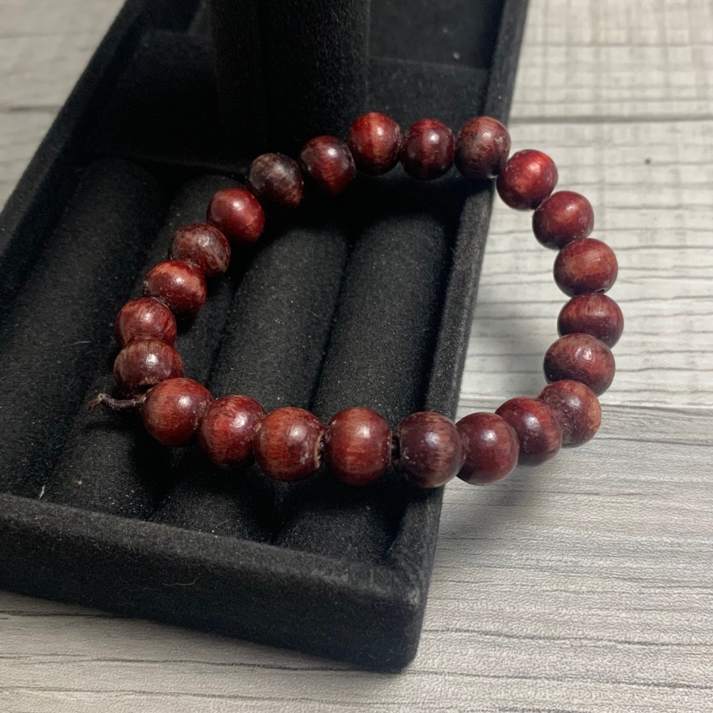 Natural Dark Red Wood Bead Stretch Bracelet Earthy Boho Unisex 6.5 Inch